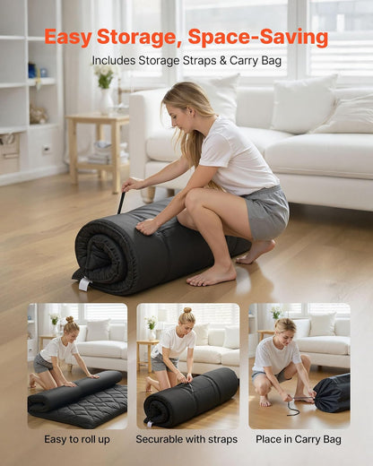 VEVOR Colchón Futón Japonés, Tatami Plegable de Tamaño Completo, con Bolsa de Almacenamiento y Herrajes de Montaje, Esterilla de 9 Capas para Meditación y Yoga, Color Negro, 2032 x 1372 x 89 mm