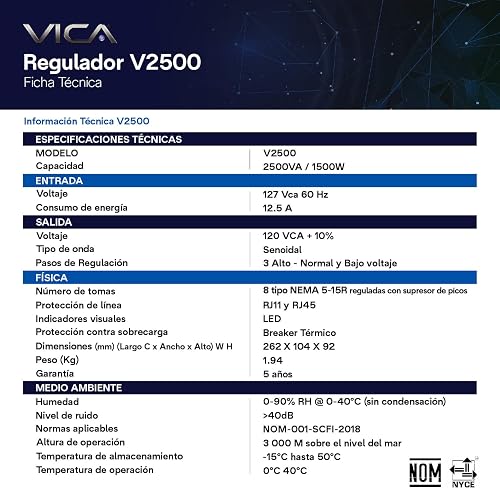 VICA V2500 Regulador Electrónico de Voltaje 2500 VA / 1500 W con 8 Tomas reguladas, supresor de Picos y Puertos RJ11 y RJ45 | Empotrable y Certificado Nom
