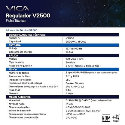 VICA V2500 Regulador Electrónico de Voltaje 2500 VA / 1500 W con 8 Tomas reguladas, supresor de Picos y Puertos RJ11 y RJ45 | Empotrable y Certificado Nom