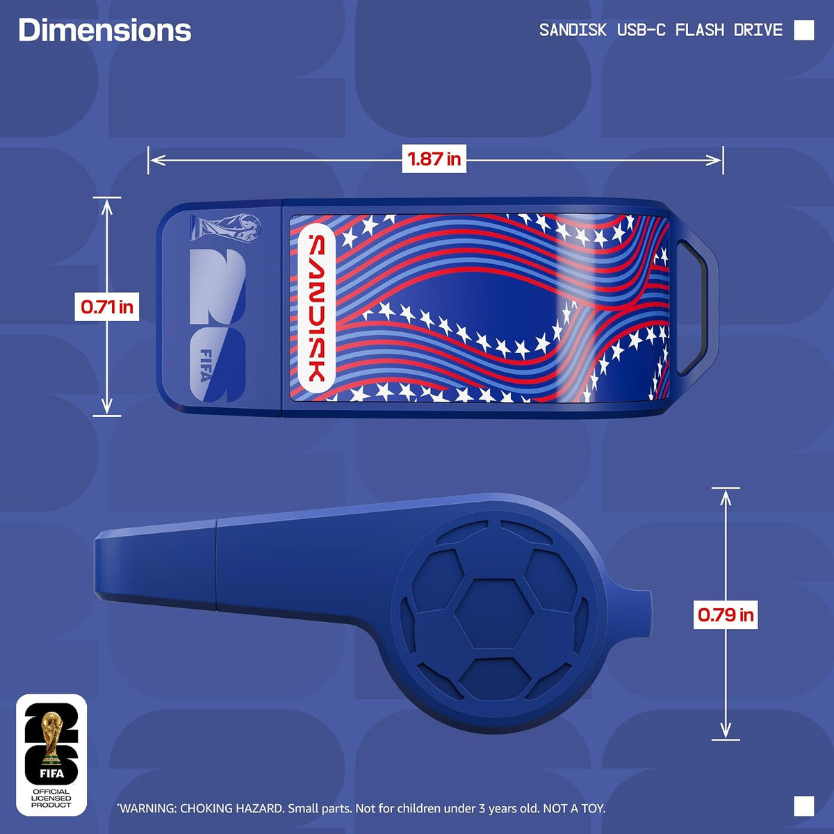 SANDISK - Unidad Flash USB-C de 128 GB, edición 2026 de la Copa Mundial de la FIFA - hasta 300 MB/s velocidades de Transferencia, USB 3.2 Gen 1, USB Tipo C - Azul, Estados Unidos - SDCZIA-128G-G46B