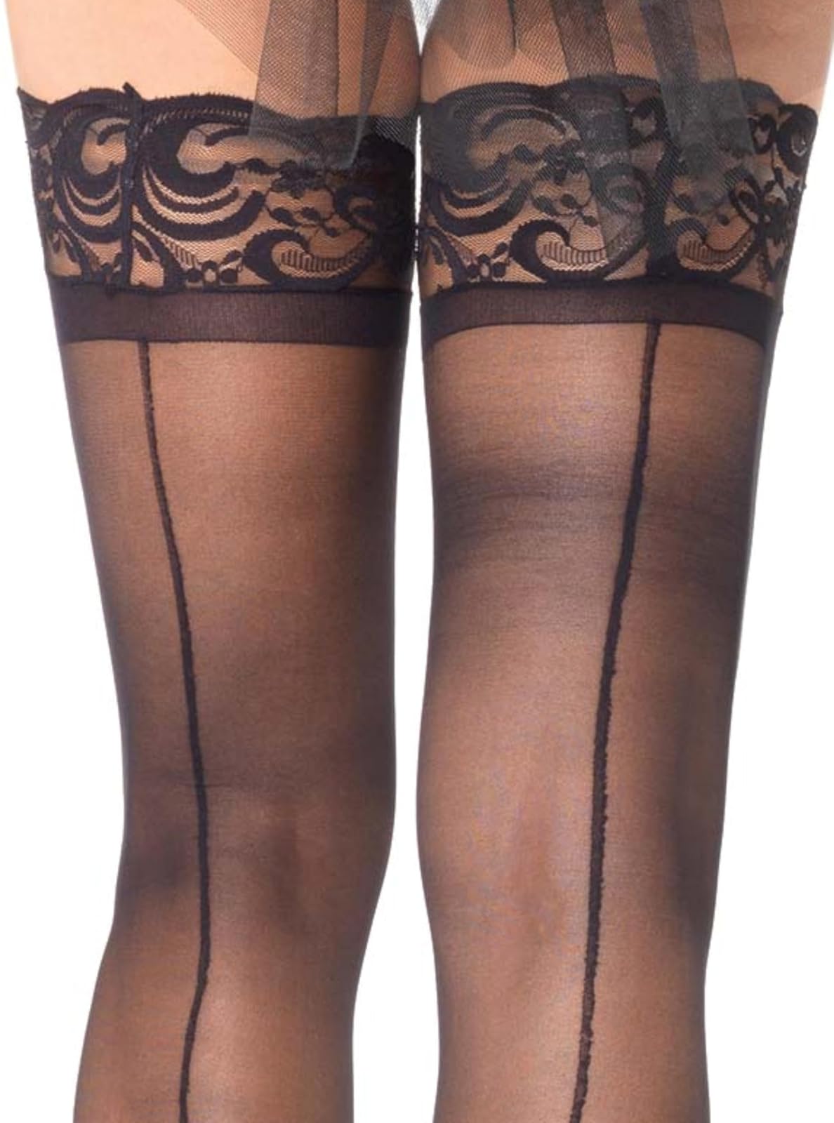 Leg Avenue Corsé de encaje superior de encaje cubano, medias de costura trasera