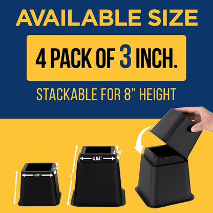 Furniture Riser Set - 4 Pieces Non-Slip Design Furniture Leg Riser Fits with Bed, Chair, Table, Sofa, Desk, and Couches - Black