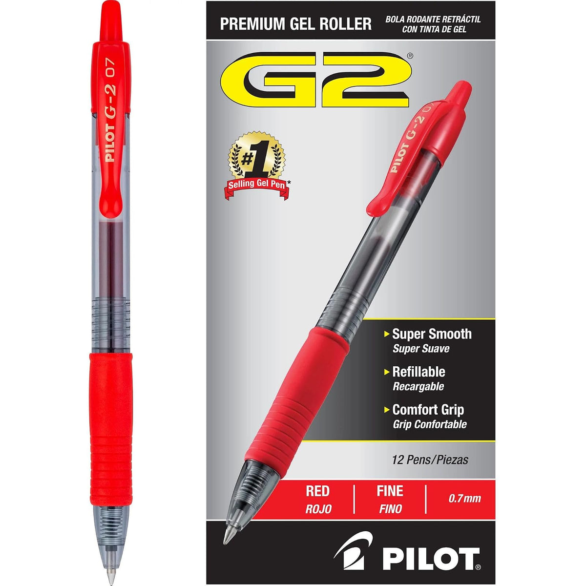 Pilot G2 Bolígrafos Retráctiles de Tinta de Gel Premium - Rojo - - Recargable
