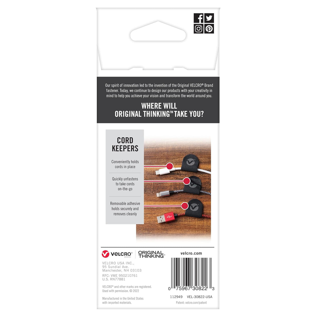 VELCRO Brand Cord Keepers | Soft Nylon Cable Clips Organize Wires in Home, Office, Desk or Nightstand | Removable Adhesive Back Holds Secure, Removes Clean | 10pk, Black