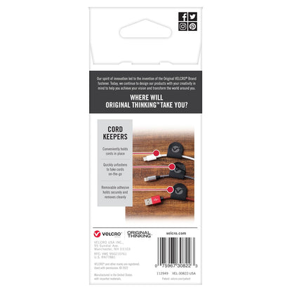 VELCRO Brand Cord Keepers | Soft Nylon Cable Clips Organize Wires in Home, Office, Desk or Nightstand | Removable Adhesive Back Holds Secure, Removes Clean | 10pk, Black