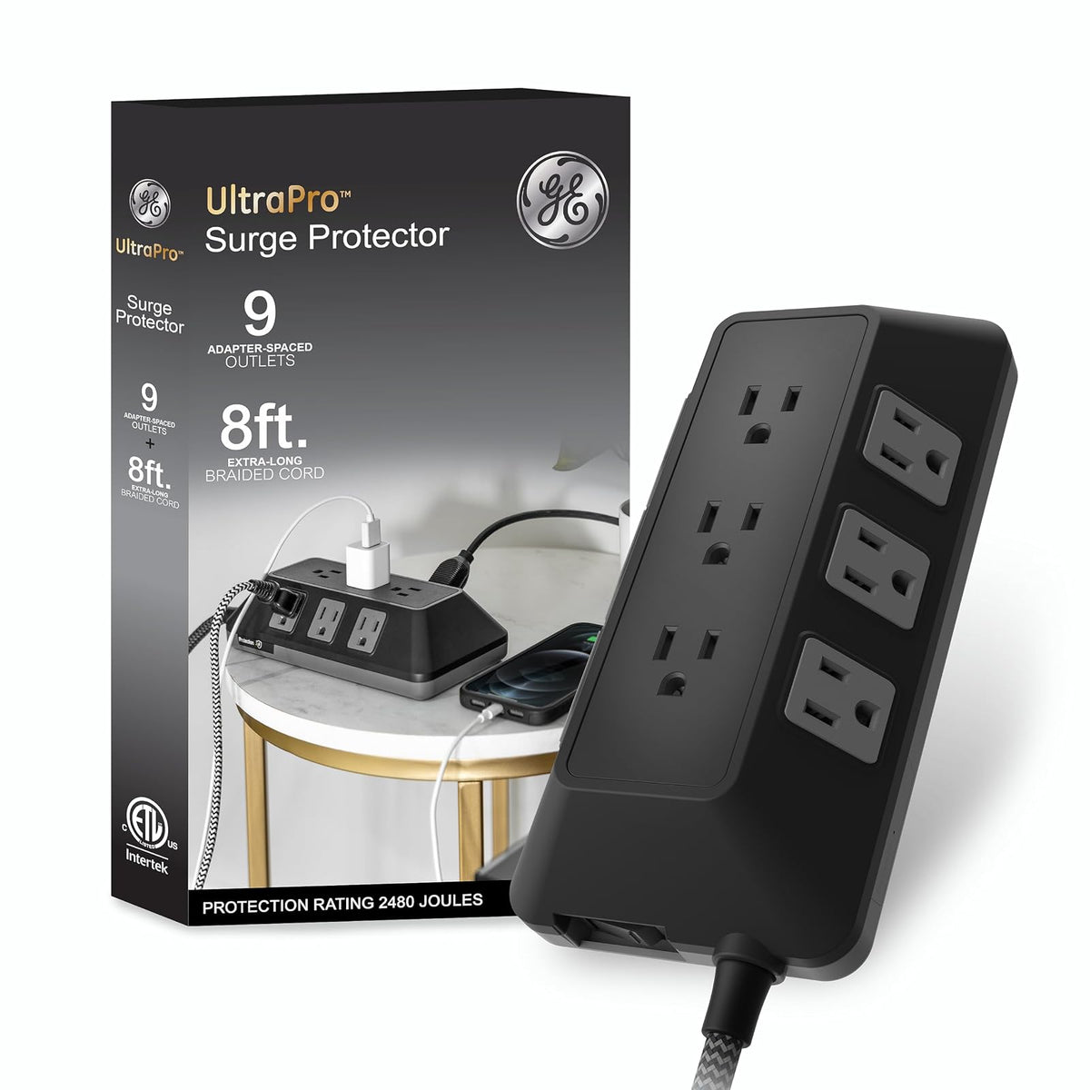 GE UltraPro Adapt Protector de Sobretensiones 5 Salidas con 2 Puertos USB-A - 9 Outlet | 8 pies