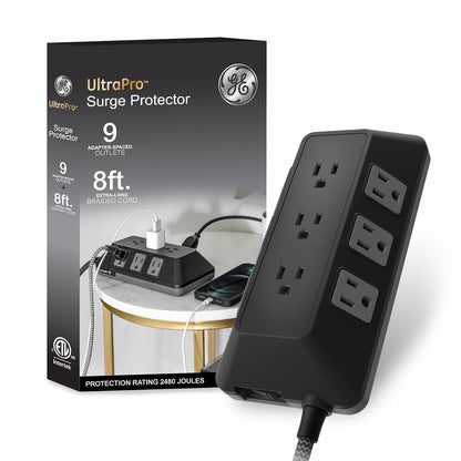 GE UltraPro Adapt Protector de Sobretensiones 5 Salidas con 2 Puertos USB-A - 9 Outlet | 8 pies