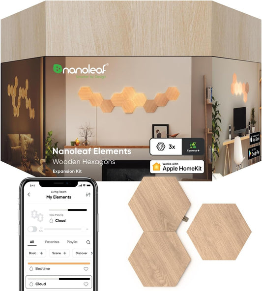 Nanoleaf Elements - Kit de expansión de iluminación LED inteligente con 3 hexágonos de aspecto madera