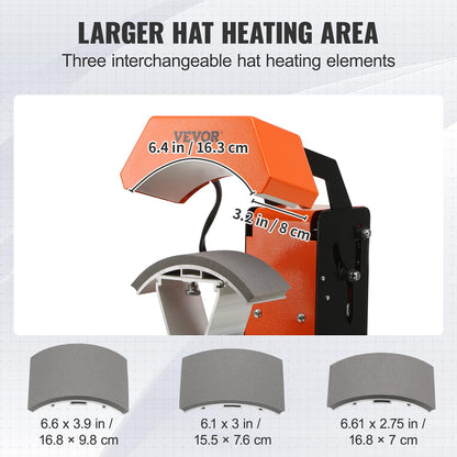 VEVOR - Máquina de prensa de calor para sombreros 3 en 1 para tapas, sin arrugas, liberación automática y panel de control digital estilo perilla de presión, con 3 placas intercambiables (6.6 x 2.7