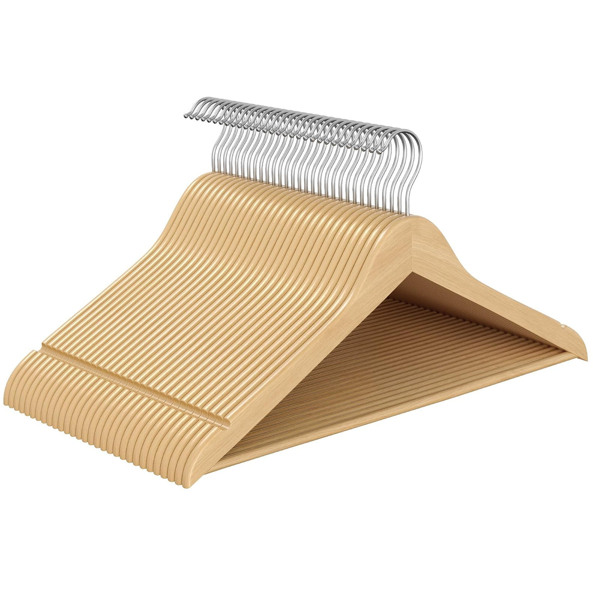 SONGMICS Perchas de Madera, Juego de 30, Delgada, Muescas en Hombros, para Pantalones, Gancho Giratorio 360°, Ahorra Espacio, Beige Natural MCRW030K01