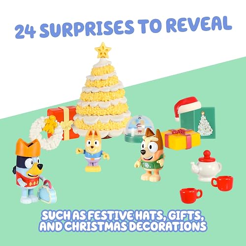 Bluey Calendario de Adviento 2026, 24 días de sorpresas, mini árbol | Incluye 3 mini cifras, 16 accesorios de día festivo, 5 pegatinas, además de Bartlebee, Blue y Bingo en suéteres de Navidad