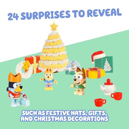 Bluey Calendario de Adviento 2026, 24 días de sorpresas, mini árbol | Incluye 3 mini cifras, 16 accesorios de día festivo, 5 pegatinas, además de Bartlebee, Blue y Bingo en suéteres de Navidad