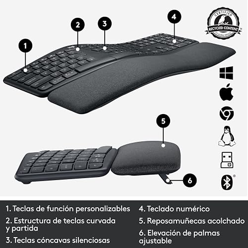 Logitech Ergo K860 Teclado inalámbrico y ergonómico - Teclado Partido, Escritura Natural, conectividad Bluetooth y USB, Compatible con Windows/Mac - Negro