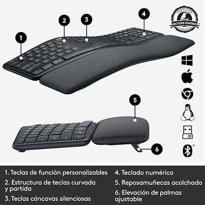 Logitech Ergo K860 Teclado inalámbrico y ergonómico - Teclado Partido, Escritura Natural, conectividad Bluetooth y USB, Compatible con Windows/Mac - Negro