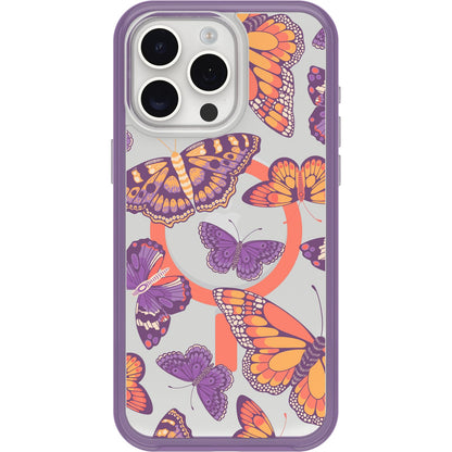 OtterBox - Funda Transparente para iPhone 15 Pro MAX (Solamente) Serie Symmetry - Flutter (Morado), se Ajusta a MagSafe, Ultra Elegante, Bordes elevados Que protegen la cámara y la visualización