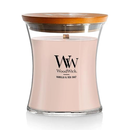 Woodwick - Vela perfumada de reloj de arena mediano con Pluswick Innovation, vainilla y sal marina