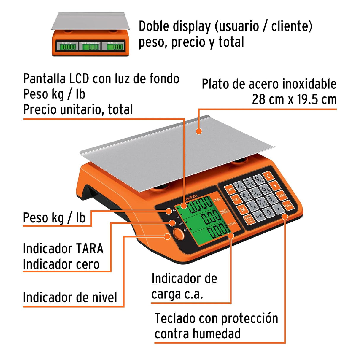 Truper BASE-20, Báscula electrónica multifunciones capacidad 20kg batería recargable