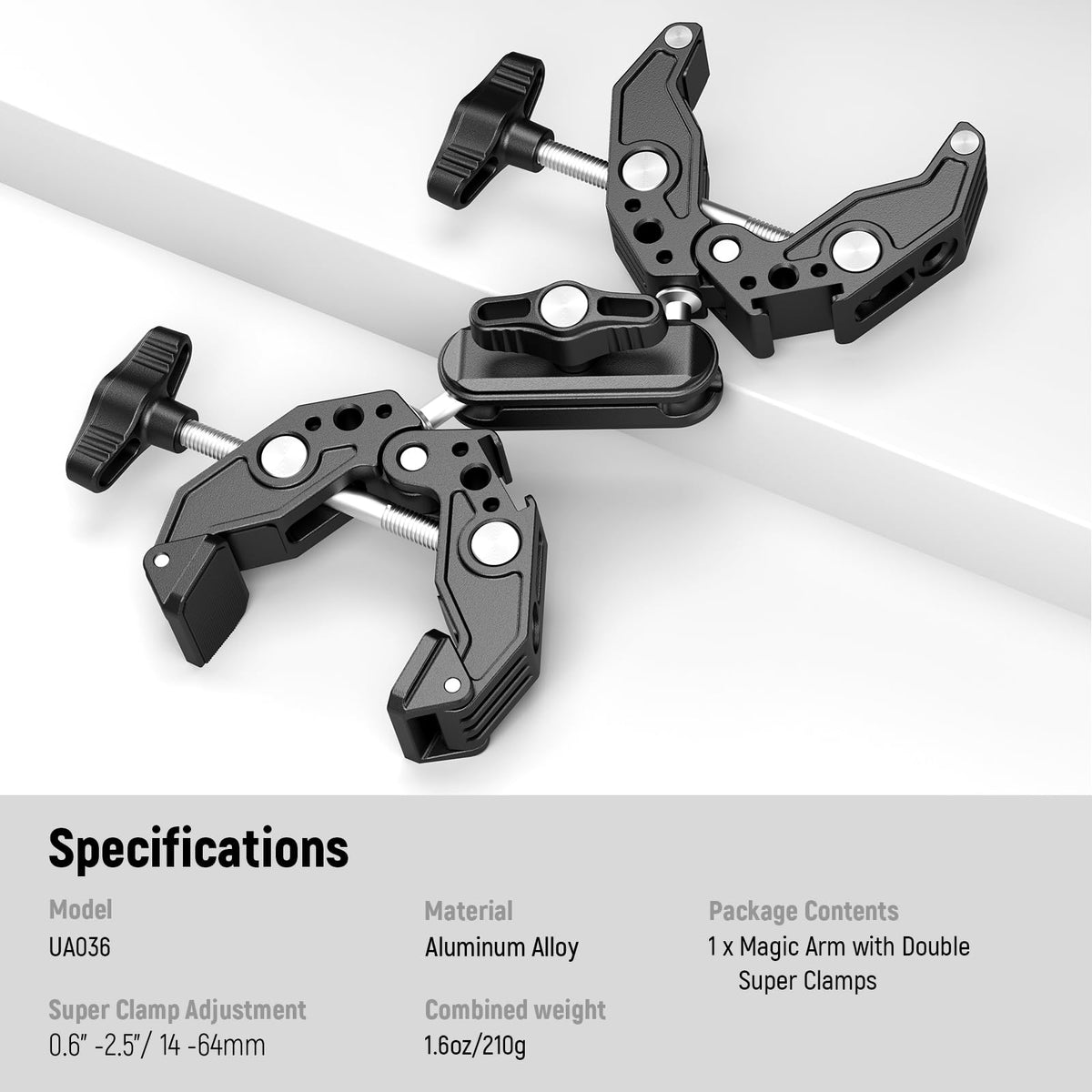 NEEWER Doble Super Clamp Abrazadera con Magic Arm de Doble Cabeza de Bola, 1/4" ARRI Soporte de Luz LED para Cámara de Acción para Varilla Escritorio Accesorio Compatible con SmallRig GoPro Dji, UA036