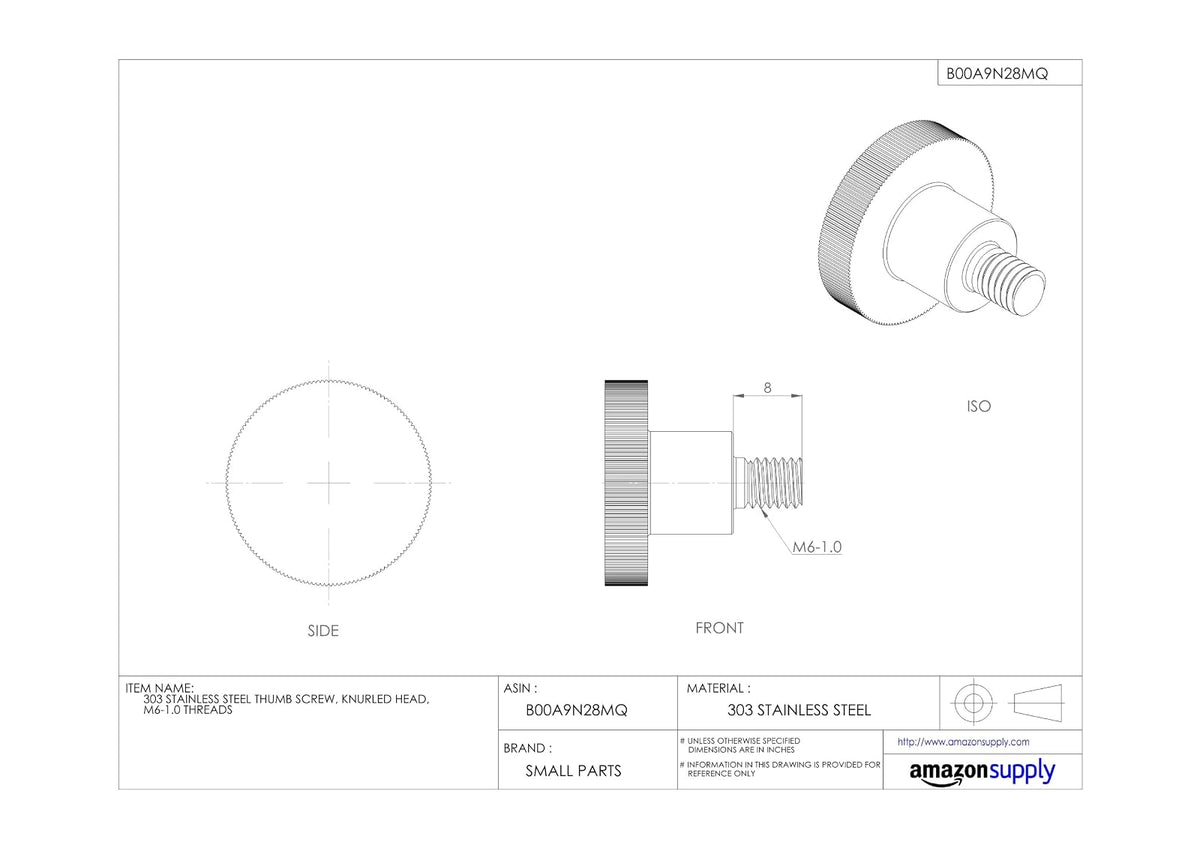 Tornillo de mariposa de acero inoxidable 303, cabeza moleteada, roscas gruesas métricas M6-1.0