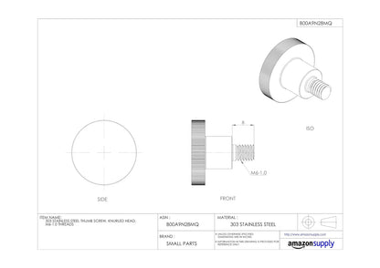 Tornillo de mariposa de acero inoxidable 303, cabeza moleteada, roscas gruesas métricas M6-1.0