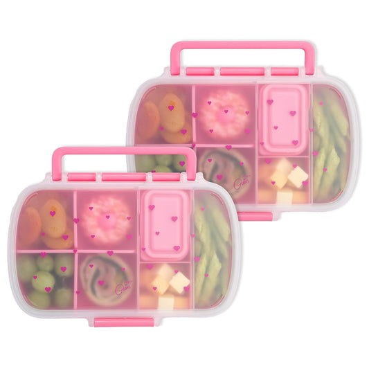 Paris Hilton - Paquete de 2 cajas de aperitivos estilo bento, 7 compartimentos con soporte para teléfono integrado, divisores extraíbles y contenedores de inmersión, estampado de corazón rosa