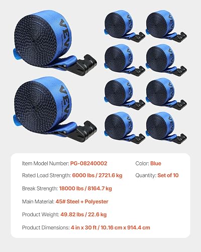VEVOR - Correas para camión, 4 x 30 pies, Amarre Resistente con Ganchos Planos de 18 Libras, Resistencia a la Rotura, WLL# 6000 Libras, Correas de Carga amarradas para Camas Planas, Camiones,