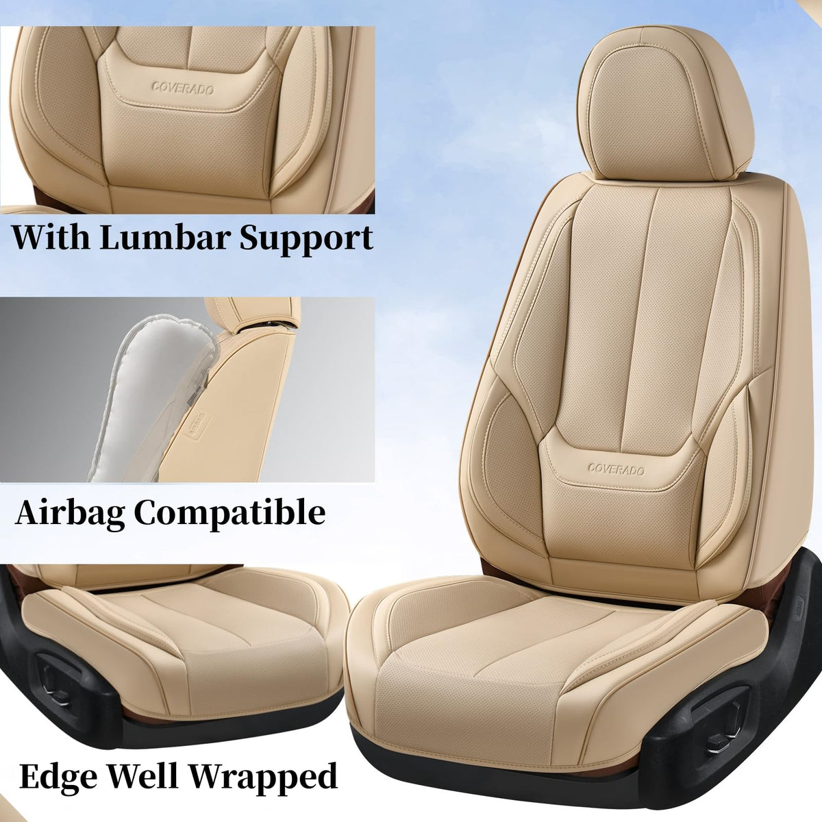 Coverado - Juego Completo de Fundas de Asiento de Automóvil, Impermeable, de Piel de napa para Asiento de Automóvil, Fundas de Asiento de Automóvil, Color Beige, Asientos Delanteros y Trasero, Ajuste Universal