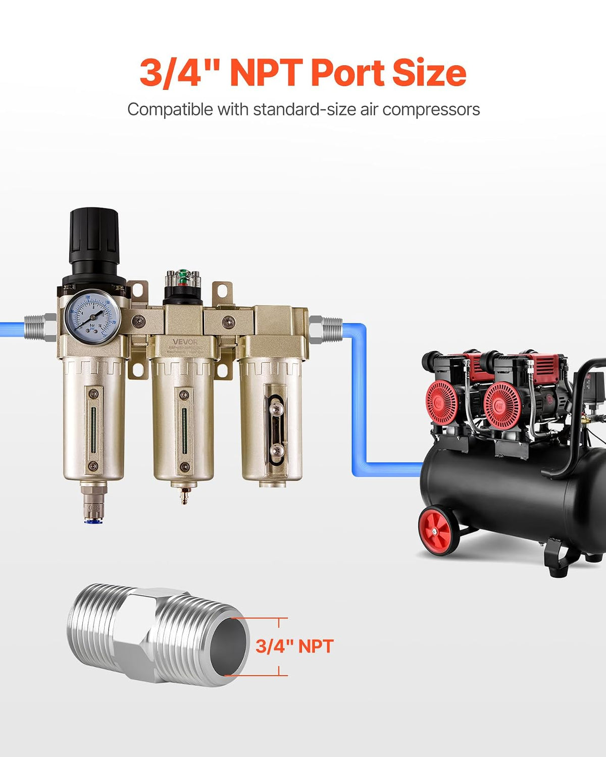 VEVOR Regulador de filtro para compresor de aire, 3/4" NPT, 3 etapas, 5 μm, 0,3 μm y 0,1 μm, sistema de secado con filtros de micrones y secador desecante, separador de agua con drenaje automático