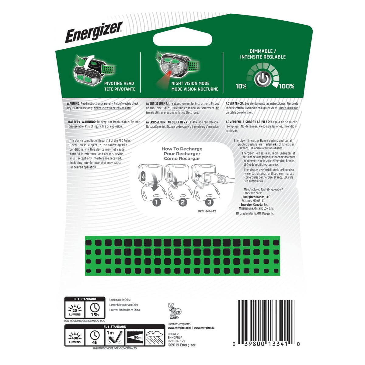 Energizer VISION Linterna frontal LED, 400 lúmenes altos, IPX4 resistente al agua, múltiples modos, el mejor faro para camping, correr, al aire libre, luz de emergencia, recargable o alimentado con batería