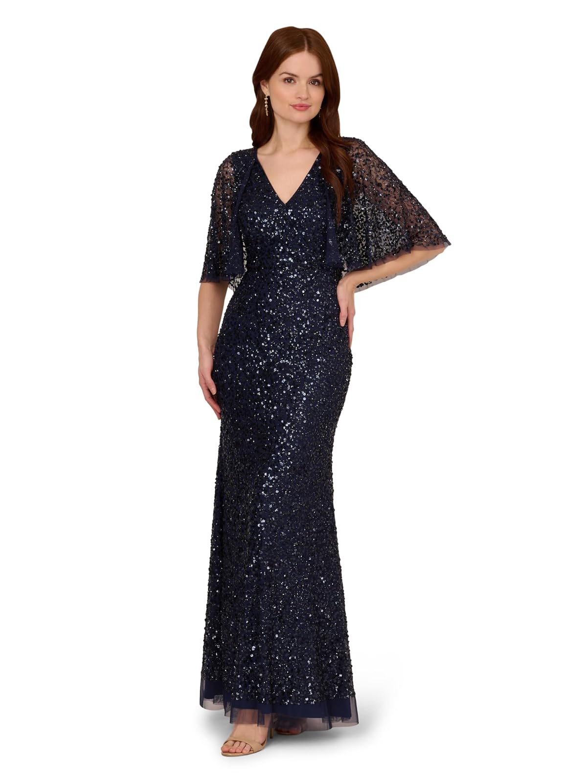 Adrianna Papell Bead Mesh Cape Long Dress Vestido para ocasión Especial Mujer