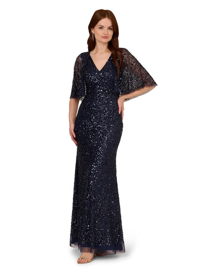 Adrianna Papell Bead Mesh Cape Long Dress Vestido para ocasión Especial Mujer
