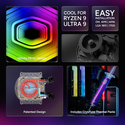 Cooler Master 360 Core II AIO - Enfriador líquido de CPU, R9|U9|i9, bomba G9R de doble cámara, espejo infinito aRGB, radiador de 360 mm, ventilador PWM de 120 mm, plataforma AMD MLW-D36M-A18PA-R1