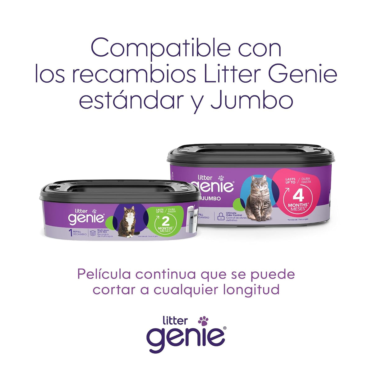 Litter Genie Bote de Arena para Gatos XL + | Incluye un Recambio Jumbo Que Puede durar hasta 4 Meses, una Pala y un Soporte para Pala.
