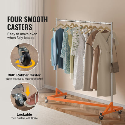 VEVOR Perchero Burro para Ropa en Z 60 x 159 x 180 cm Perchero Resistente con 4 Ruedas, Acero Inoxidable, Capacidad de 80 kg, Perchero Comercial con Base en Forma de Z con 2 Ganchos, Color Naranja