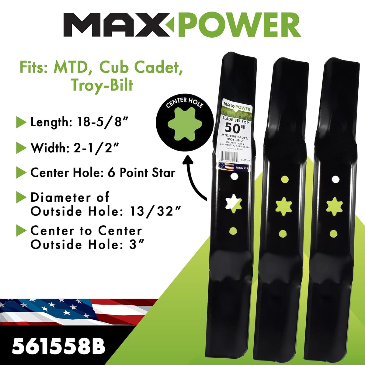 Maxpower 561558B - Juego de 3 Cuchillas para MTD de Corte de 50 Pulgadas, Cub Cadet, Troy-Bilt, sustituye a OEM no. 942-05052A, 742-05052A, Negro