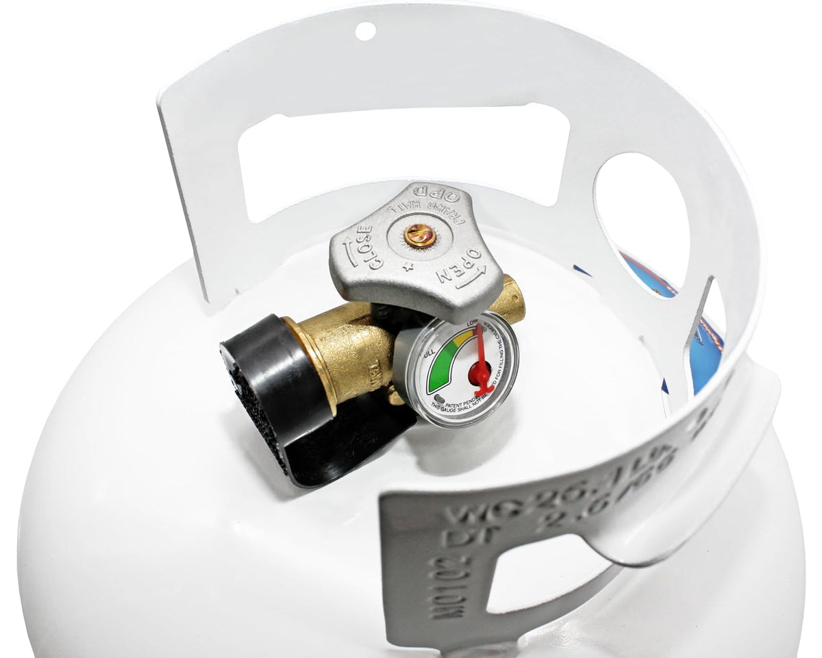 Flame King YSN11SQTa - Cilindro de tanque de propano de 12 libras con tapa antipolvo, válvula OPD tipo 1 y calibre integrado, color blanco