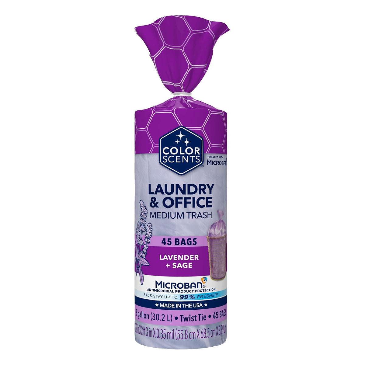 Color Scents - Bolsas de basura medianas - 8 galones, 45 bolsas (1 paquete de 45 bolsas) - Lazo torcido - Morado en lavanda + aroma de salvia con Microban