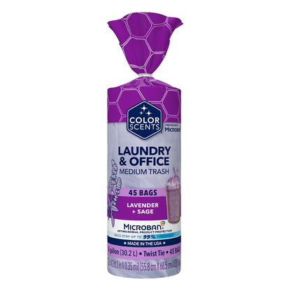 Color Scents - Bolsas de basura medianas - 8 galones, 45 bolsas (1 paquete de 45 bolsas) - Lazo torcido - Morado en lavanda + aroma de salvia con Microban
