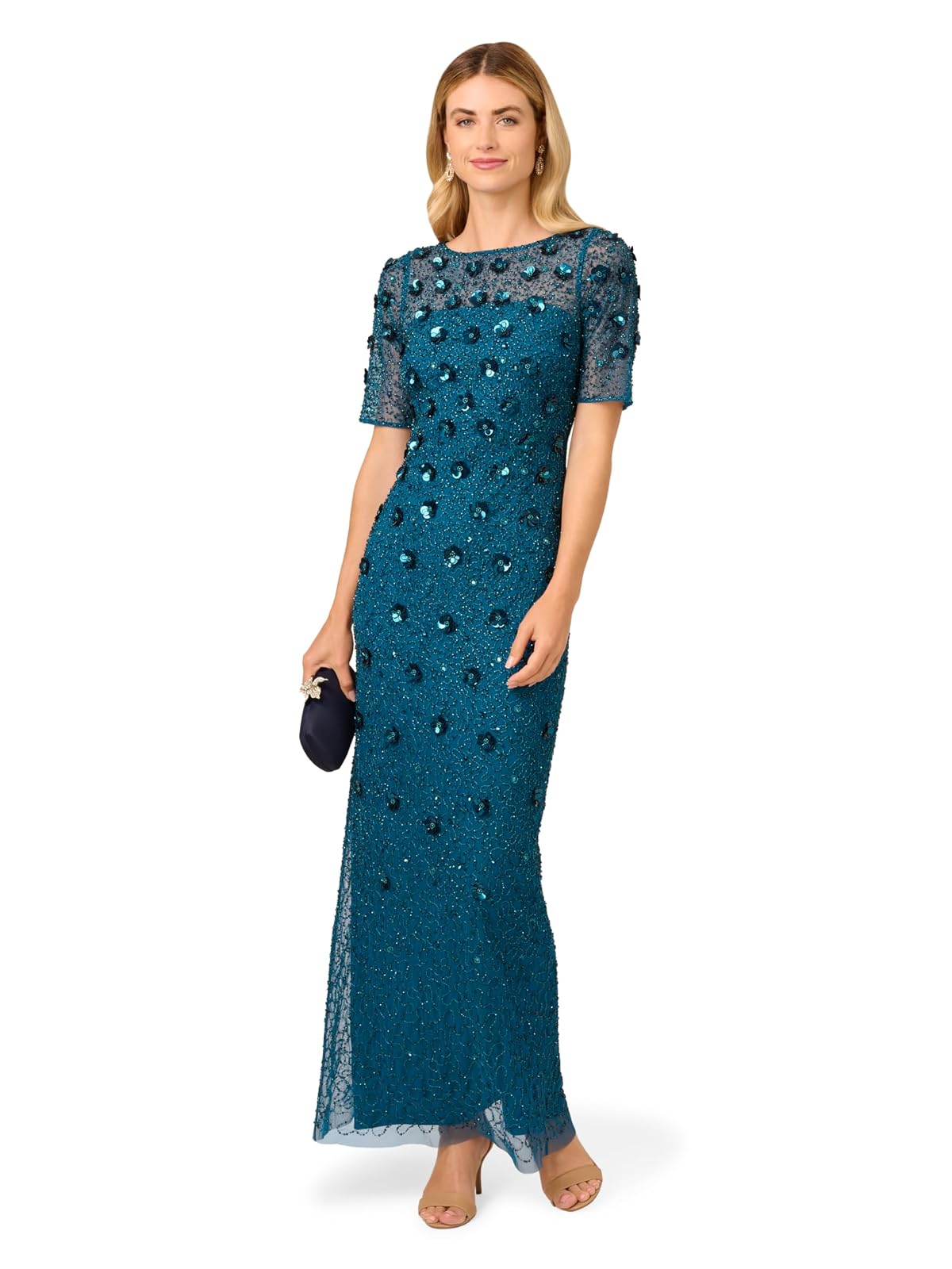 Adrianna Papell Beaded Long 3D Floral Dress Vestido para ocasión Especial Mujer