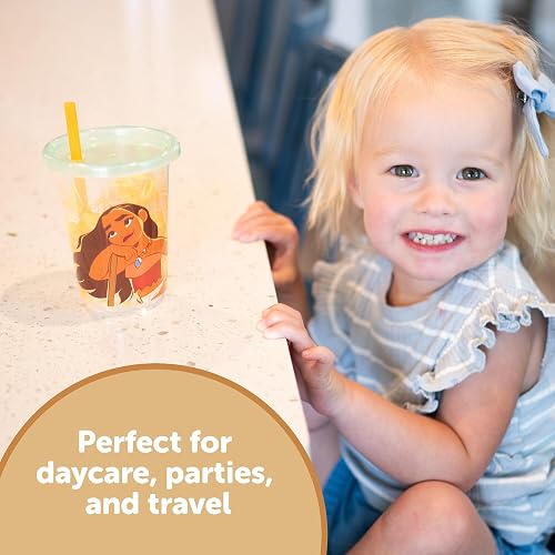 The First Years Take & Toss - Copas de paja para niños pequeños – Moana – Vasos para beber a prueba de derrames con tapas y popotes a presión – Copas reutilizables para niños pequeños para viajes