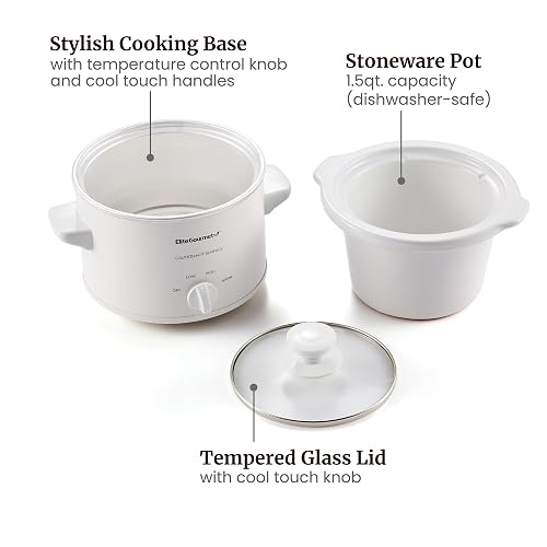 Elite Gourmet MST-250XW - Olla de cerámica eléctrica de cocción lenta con temperatura ajustable, entrantes, salsas, guisos y inmersiones, tapa de vidrio apta para lavaplatos y vajilla