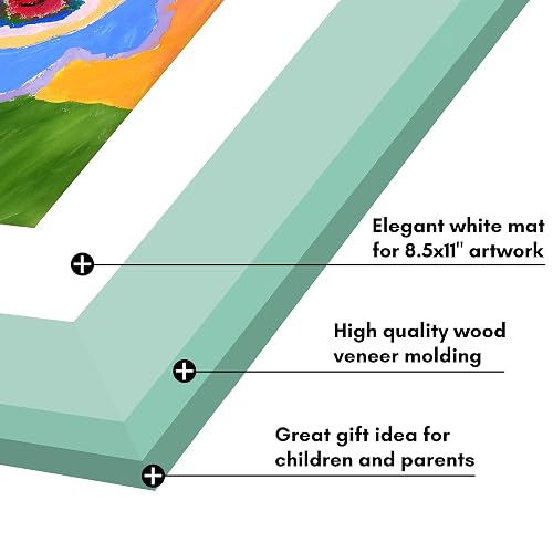 Marco de obras de arte para niños cambiable (verde marino) – Puerta magnética con capacidad para 100 piezas de arte, visualización de tamaño carta de 8.5 x 11 pulgadas con alfombrilla o 10 x 12.5