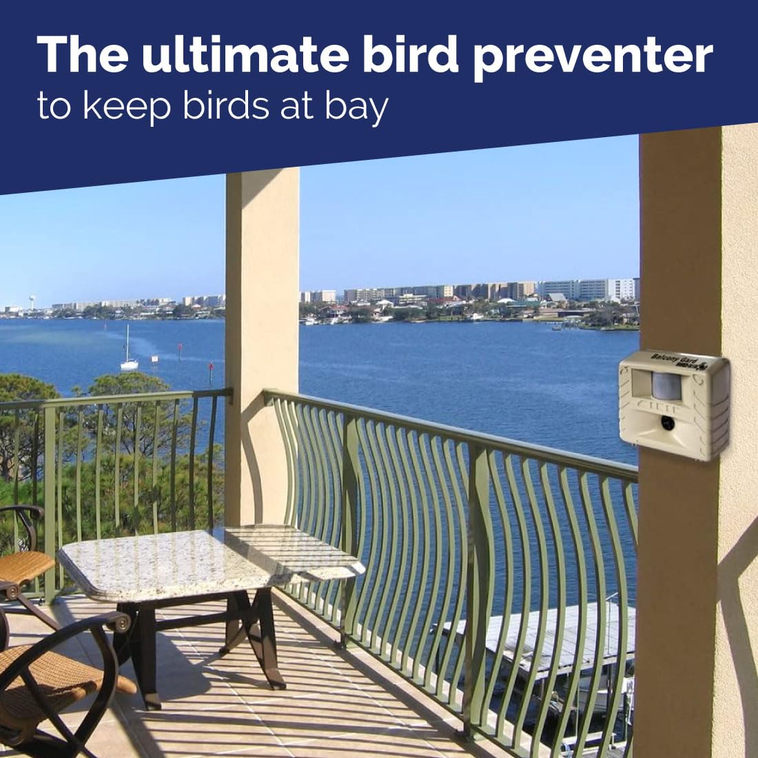 Bird-X Balcón Gard, preventor ultrasónico de pájaros, señuelo para pájaros al aire última intervensión con sensor de movimiento, fácil de instalar, cubre hasta 900 m2 Pies, frecuencia de 15 a 25 kHz,
