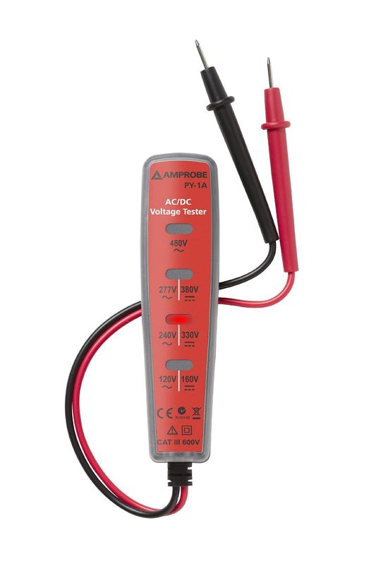 Amprobe PY-1A Probador Voltaje AC/DC de Mano Tamaño de Bolsillo Indicador de Nivel de Voltaje con Lámparas de Neón, Soporte Integrado para Puntas de Prueba, CAT III 600V