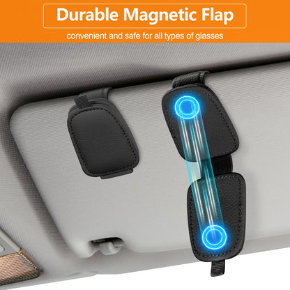 Tecfino - Soporte de anteojos de sol para visera de automóvil, paquete de 2 clips magnéticos de piel para visera de automóvil, soporte para anteojos de automóvil y clip para tarjeta de boletos, soporte para anteojos para accesorios de visera de automóvil (negro)