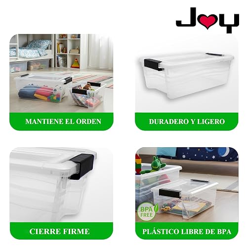 JOY Caja de Almacenamiento de Plástico Paquete de 3, Organizadora Apilable con Broche, Contenedor de 7 Litros. Tapa Duradera e Ideal para Organizar Zapatos, Ropa y Juguetes (37x23x13 cm)