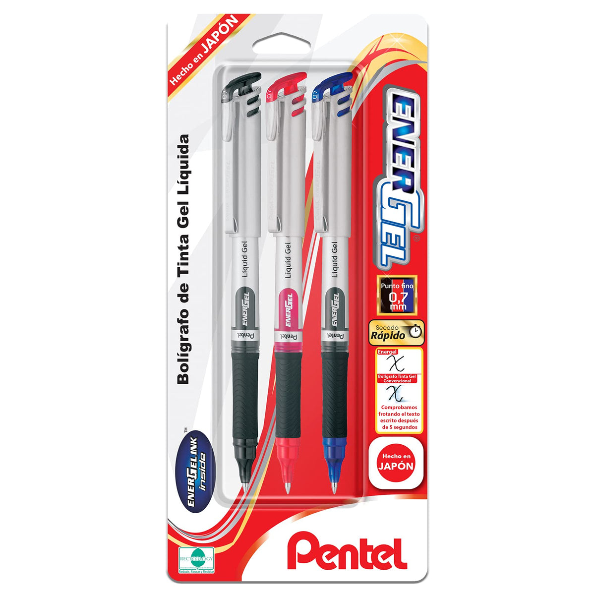 Pentel EnerGel Bolígrafo de Gel Líquido, Punto Fino, 0.7 mm, Cuerpo Plateado, Tinta Negra, Roja y Azul, Paquete con 3 Piezas, BL17BP3-M