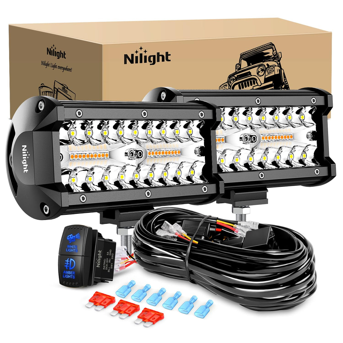 Nilight - Barra de luz LED todoterreno de 6.5 pulgadas, 2 unidades de 120 W, 3 modos de iluminación (blanco/ámbar/blanco y ámbar), luces de inundación con arnés de cableado de 18 AWG, para camión