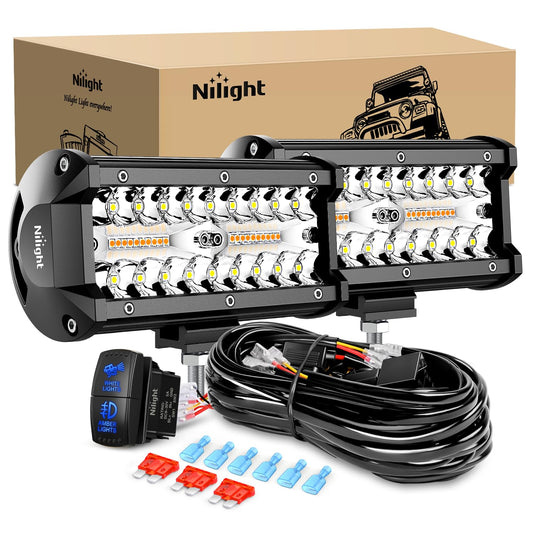Nilight - Barra de luz LED todoterreno de 6.5 pulgadas, 2 unidades de 120 W, 3 modos de iluminación (blanco/ámbar/blanco y ámbar), luces de inundación con arnés de cableado de 18 AWG, para camión