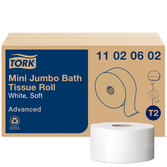 Tork 11020602 Rollo Papel Higiénico Mini Jumbo 2 Capas | Blanco, 12 x 1075 hojas, tamaño pequeño, perforado, comercial